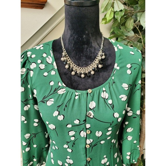 Les Serien Green Floral Polyester Scoop Neck Long Sleeve Knee Length Dress S - Picture 2 of 12